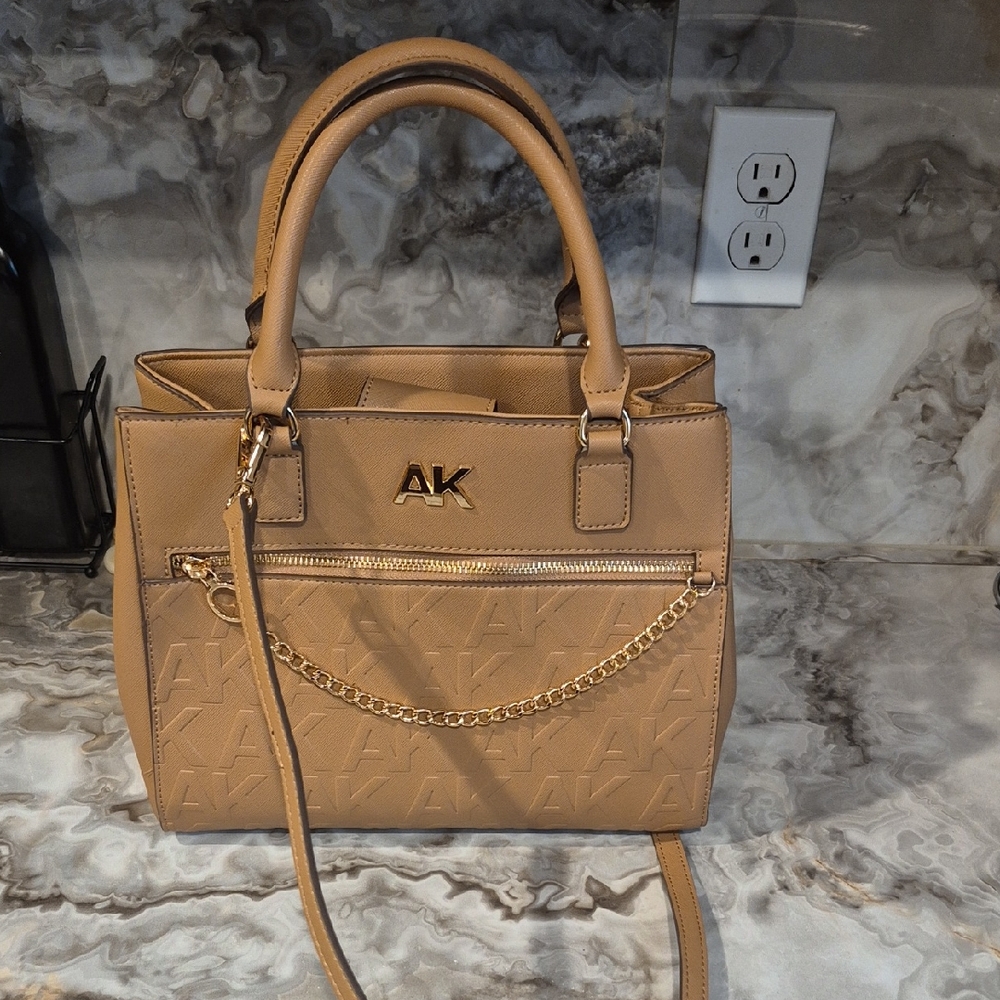 Anne Klein Tan Satchel with Structured Design and Gold Hardware